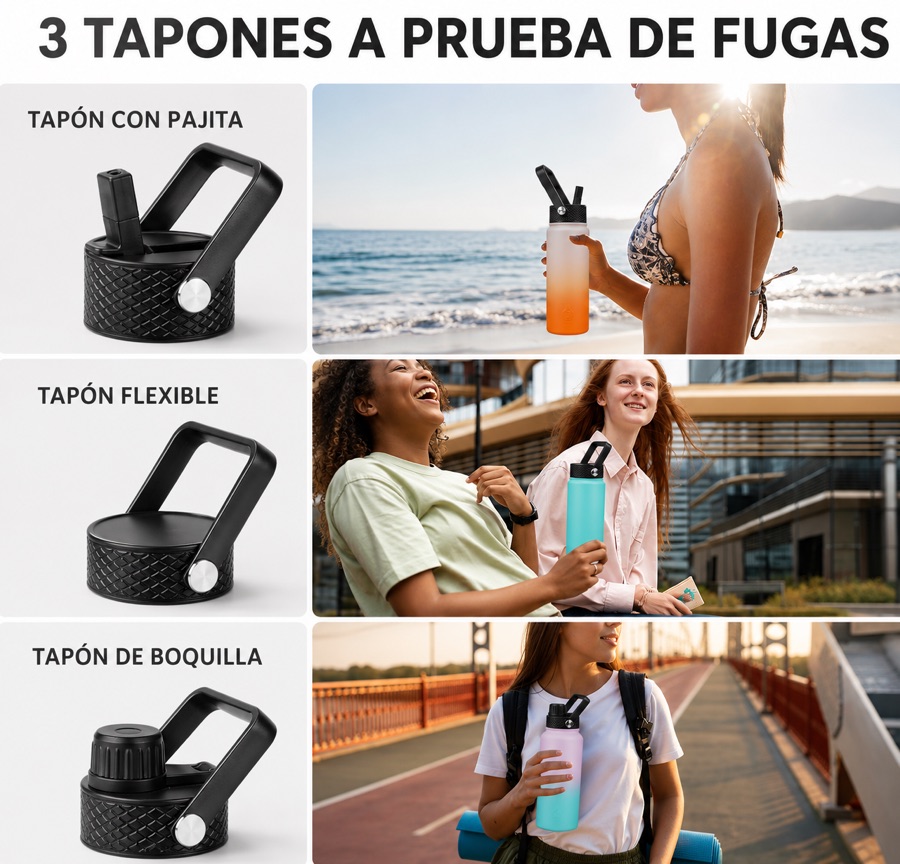 Las 3 tapas del Termo BJPK: con pitillo, flexible y de boquilla