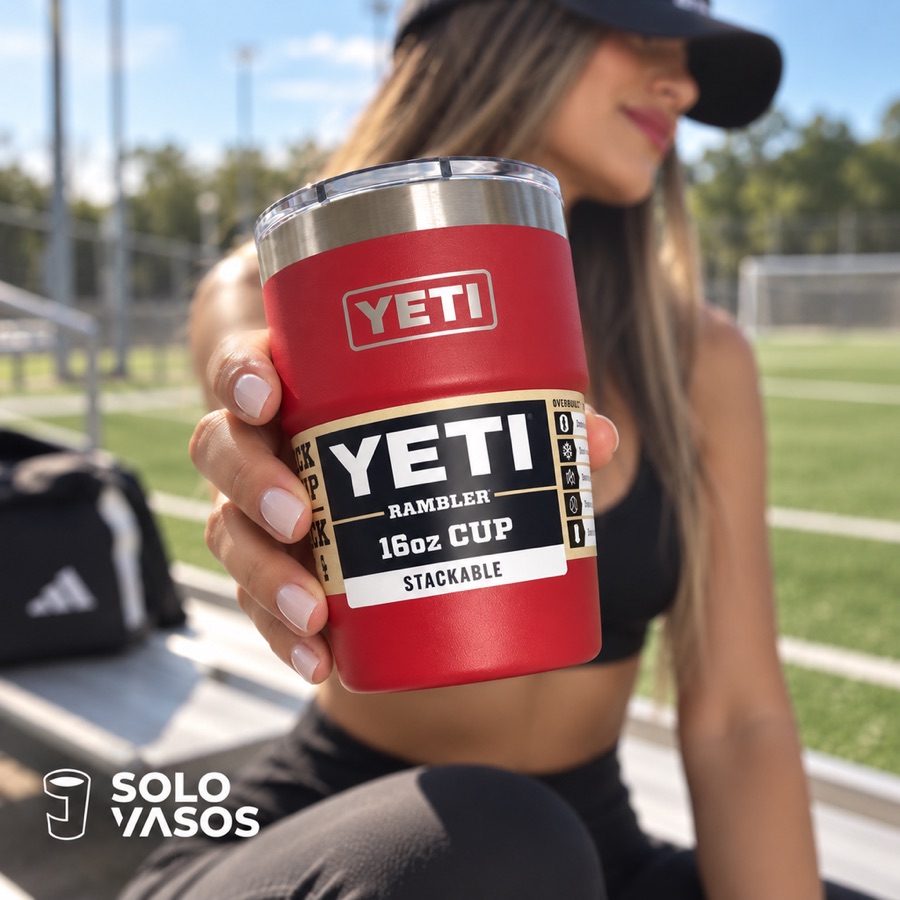 YETI Rambler 16 oz rojo con tapa transparente